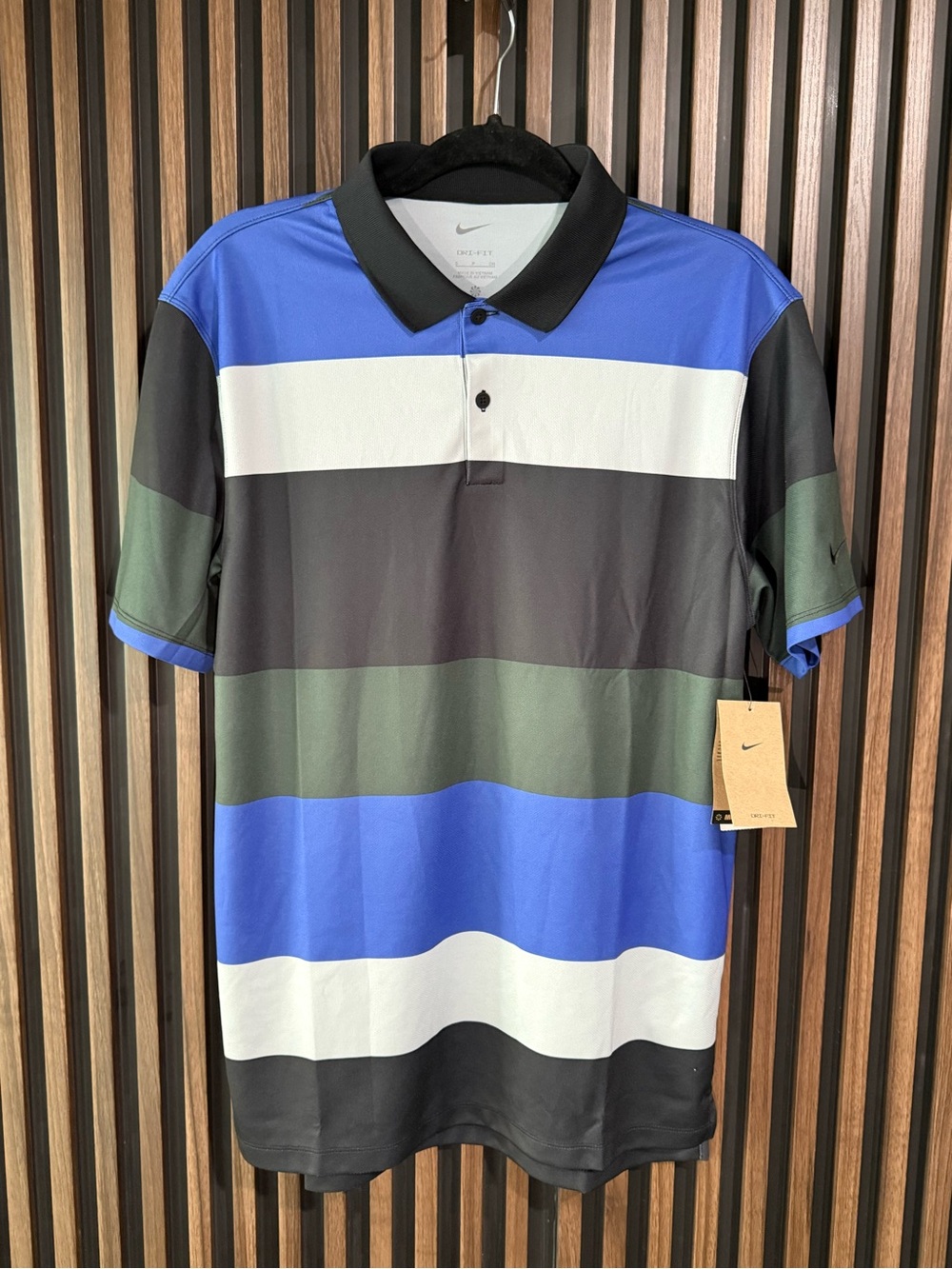 Nike Men’s Blue Black White Olive Green Striped Polo